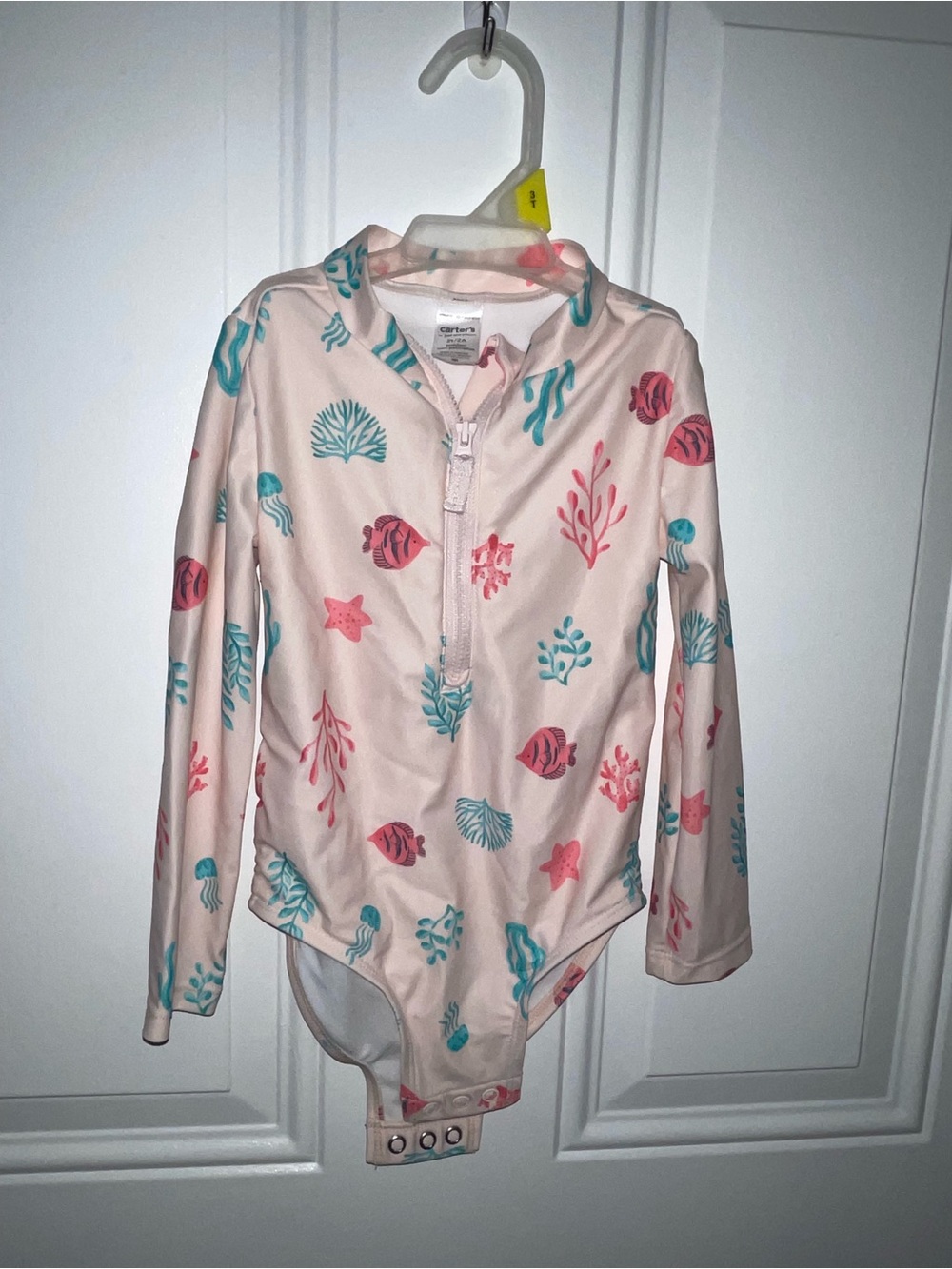 Carter's Pink Long-Sleeve One-Piece Swimsuit with Teal and Coral Sea Life Print